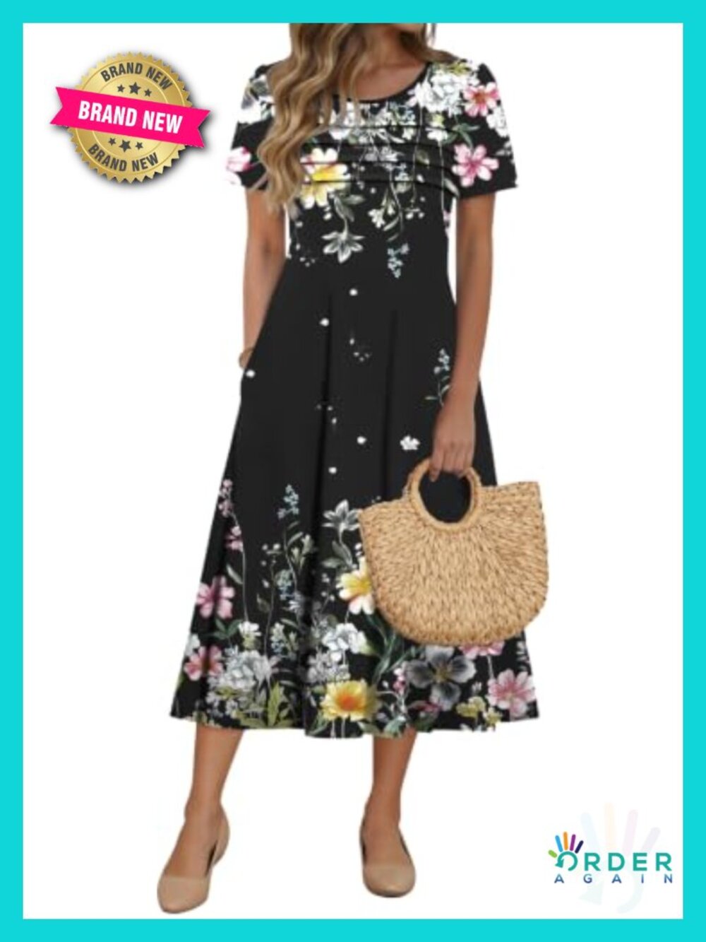 Floral Midi Dress Puff Short Sleeve A-Line Sundress with Pockets